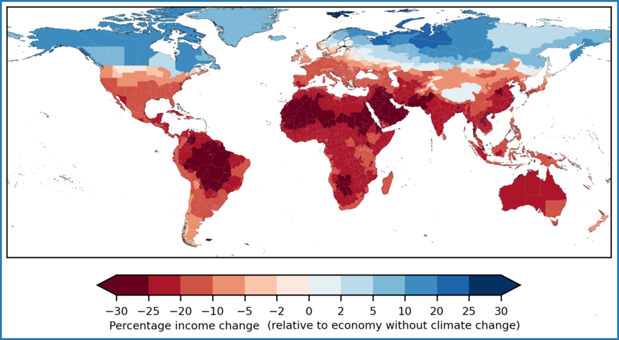 Prognostizierte Einkommensveränderungen im Jahr 2049 im Vergleich zu einer Wirtschaft ohne Klimawandel. Die Einkommensveränderungen sind eine Folge der bereits verursachten Emissionen.