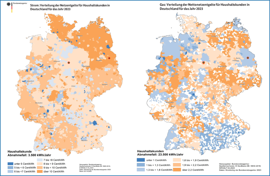 Netzgebietsscharfe Verteilung der Netzentgelte für „Haushaltskunden“, Stand 1. Januar 2023 gemäß Angaben der Verteilnetzbetreiber (VNB). Links Strom, rechts Erdgas. Quelle: Monitoringbericht 2023 von Bundesnetzagentur und Bundeskartellamt.