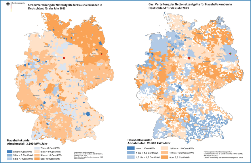 Netzgebietsscharfe Verteilung der Netzentgelte für „Haushaltskunden“, Stand 1. Januar 2023 gemäß Angaben der Verteilnetzbetreiber (VNB). Links Strom, rechts Erdgas. Quelle: Monitoringbericht 2023 von Bundesnetzagentur und Bundeskartellamt.