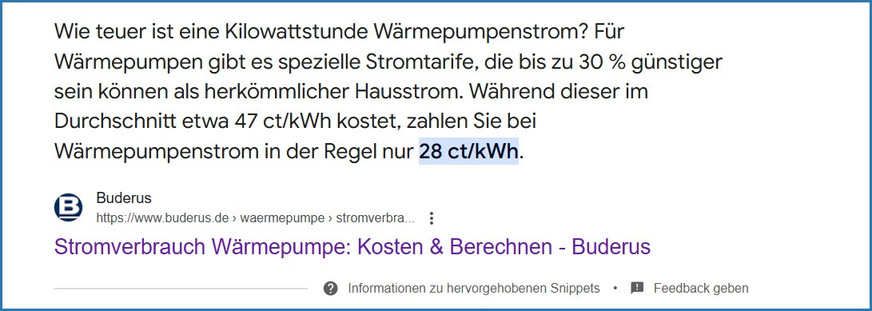 Screenshot (27. April 2024), Top-Ergebnis mit der Suche auf Google: „was kostet Wärmepumpenstrom“.