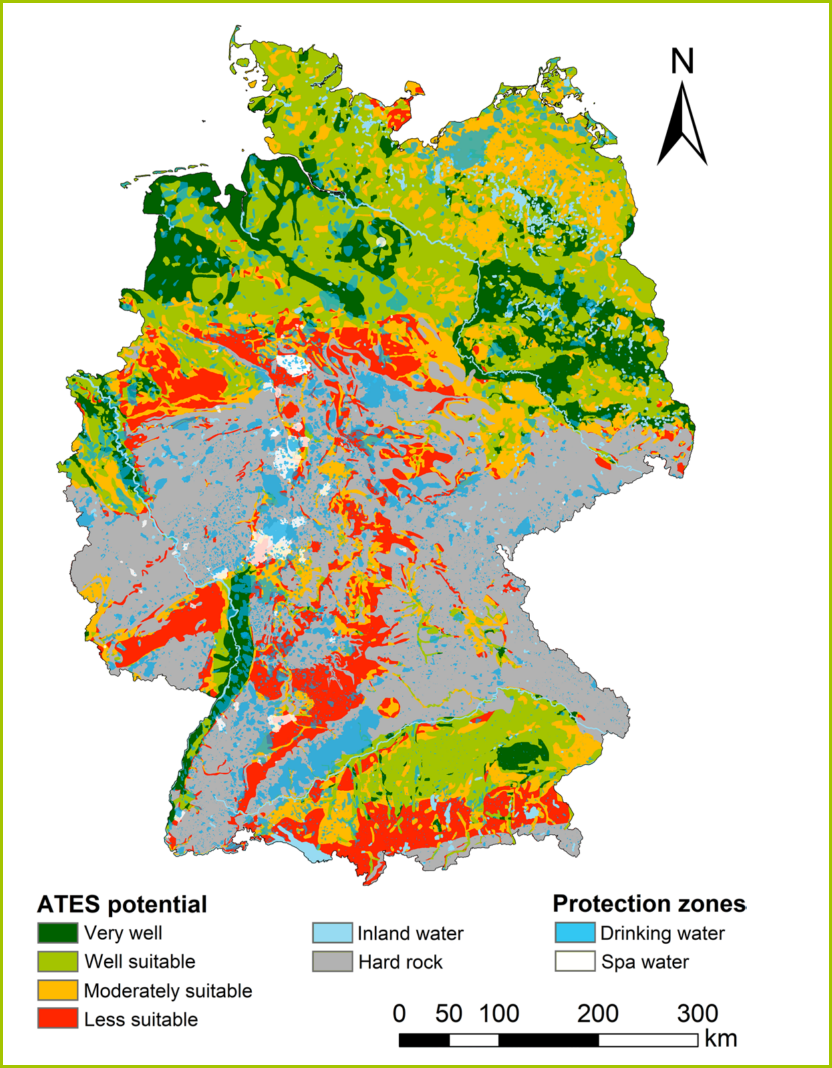 Bild 9 Potenzial für Niedrig-Temperatur-ATES in Deutschland. Besonders gute Voraussetzungen für Aquiferspeicher befinden sich im norddeutschen Becken, im Oberrheingraben und im süddeutschen Molassebecken.