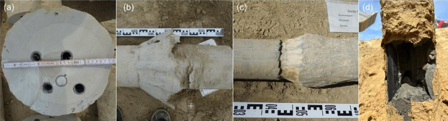 Bild 3 Details der freigelegten EWS: a) EWS mit Zentrierhilfe; b) Verfüllmaterial nach einem Druckstoß; c) Übergang vom verrohrten zum nichtverrohrten Bereich; d) Lunker bei Schichtübergang von Löss zu Kalkstein.