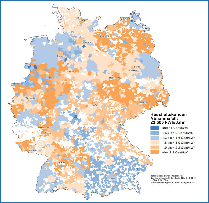 Abbildung 128 aus dem Monitoringbericht 2023: Netzgebietsscharfe Verteilung der Netzentgelte Gas für den Abnahmefall „Haushaltskunde“ – Stand 1. Januar 2023 gemäß Angaben der Verteilnetzbetreiber Gas. Der tatsächliche Gaspreis für einen Netzanschluss hängt auch von der Postleitzahl ab.