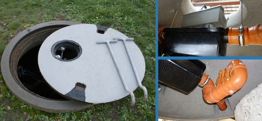 Bild 4 Unterirdischer Regenwasserspeicher nach Einbau im Gelände, hier mit Abdeckung inklusive Einsatzdeckel für Bewässerungssystem Fontana M, das durch die kleine Öffnung mit Gartenschlauch manuell in Betrieb genommen wird. Die große Abdeckung wird nur gelegentlich zur Filterreinigung entfernt. Rechts (oben): Blick von unten mit geöffneter Abdeckung und Filterkasten, der zur Reinigung entnommen wird. An der schwarzen Filterwanne sind hier der Zulauf von links und der Überlauf nach rechts auf gleicher Höhe. Ein Geruchverschluss ist nicht vorhanden, da nicht in den Kanal entwässert wird. Rechts (unten): Mit vormontierter schwarzer Filterwanne und Überlauf inklusive Geruchverschluss und Rückstauverschluss zur Entwässerung in den Kanal.