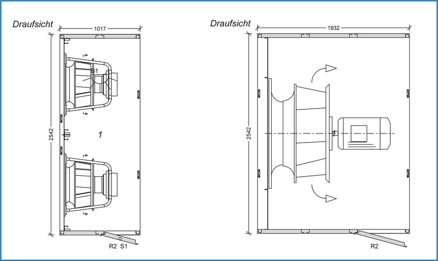 Bild 3 Ein exemplarisches Konfigurationsbeispiel für ein Gerät mit einer Luftleistung von 40 000 m3/h zeigt: Die erforderliche Baulänge des Ventilatormoduls beträgt beim „Freiläufer“ 1932 mm und beim Fanwall-Modul nur 1017 mm.