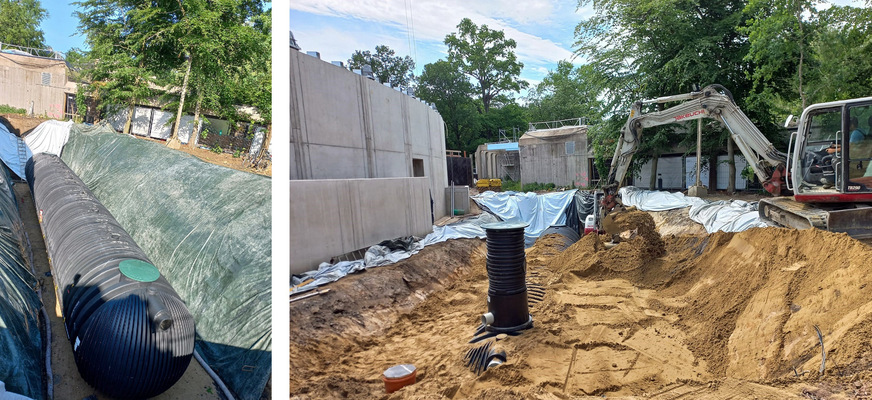 Bild 4 Die Erdtanks wurden in 3,60 m Tiefe auf einem Kiesbett eingebaut, die Grube dann bis 20 cm über den Schachtkörper mit 8/16-Kies aufgefüllt und die Überdeckung bis zur Geländeoberkante mit Sand erstellt.