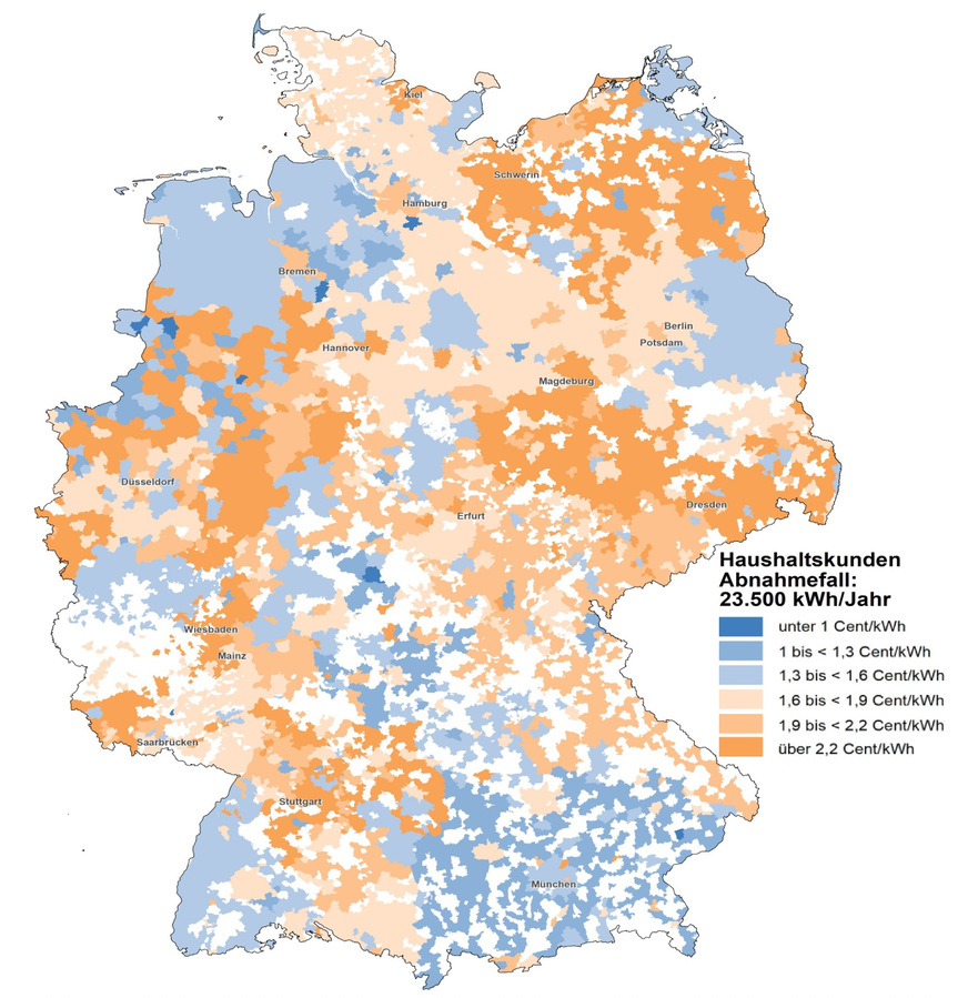 Bild 2 Abbildung 128 aus dem Monitoringbericht 2023: Netzgebietsscharfe Verteilung der Netzentgelte Gas für den Abnahmefall „Haushaltskunde“ – Stand 1. Januar 2023 gemäß Angaben der Verteilnetzbetreiber Gas. Der tatsächliche Gaspreis für einen Netzanschluss hängt auch von der Postleitzahl ab. Quellen: GeoBase-DE / BKG 2018, Infaslt 04.2003; Daten: Monitoring der Bundesnetzagentur 2023