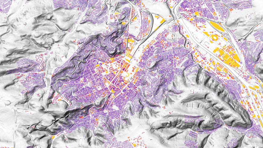 Der Kartenausschnitt zeigt das Solardach-Potenzial für Stuttgart. Gelb bedeutet, dass die Eignung für eine solare Energiegewinnung hoch ist. Abgestuft repräsentiert Dunkelblau ein niedrigeres Potenzial.