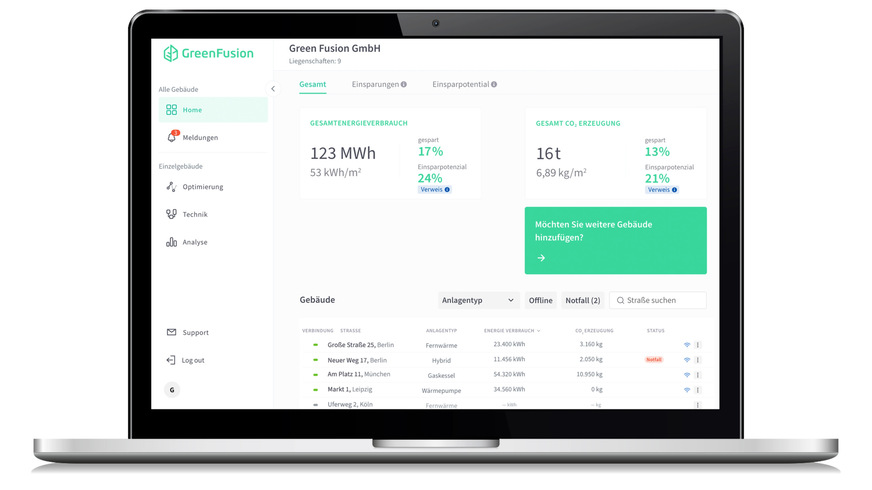 Betriebsdaten, wie Vor- und Rücklauftemperaturen, Heizkennlinien und viele weitere Einstellungen, können über eine standardisierte Schnittstelle (API) an die cloudbasierte Green Fusion Energiemanagement-Plattform übergeben werden. Die KI-basierte Software von Green Fusion steuert und optimiert die Heizungsanlagen kontinuierlich und automatisch.&nbsp;