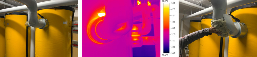Bild 2 Ein eigentlich fachgerecht gedämmter Rohrbogen wurde für eine Überprüfung eingedrückt. Die negativen Auswirkungen sind auf dem Thermogramm zu erkennen.