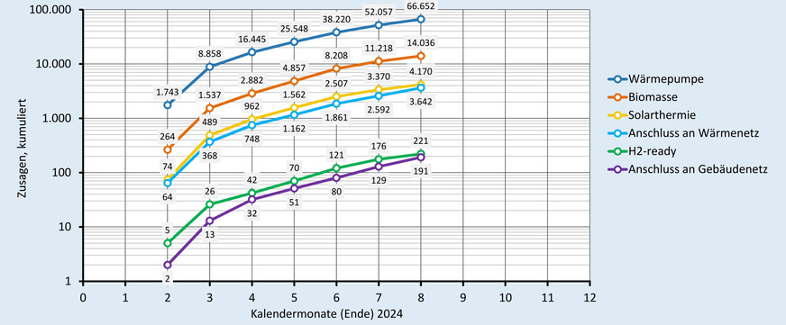Zusagen (kumuliert) bei der BEG-Heizungsförderung nach Wärmeerzeugern bis Ende August 2024.