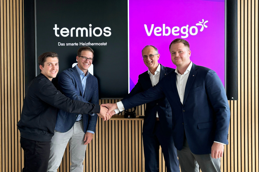 (v.l.): Yannick Klinkenberg (Head of Operations termios), Stephan Thoenissen (Geschäftsführer termios), Markus Breithaupt (COO Vebego DACH-Region), Maximilian Stanski (Niederlassungsleitung Vebego)