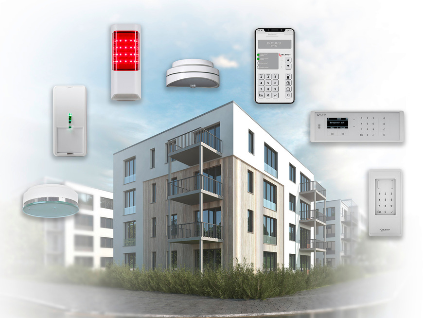 Keller in Mehrfamilienhäuser sind häufig schlechter gegen Einbruch gesichert als Wohnungen. Dies ist auch ein Grund dafür, dass E-Bikes immer häufiger gestohlen werden. Zuverlässige Signalgeber&nbsp;(3.v.l.) – hier der Hiflac&nbsp;F von Telenot – alarmieren bereits beim Versuch eines Einbruchs lautstark die Umgebung. Wenn das Zusammenwirken aller Komponenten einer Sicherheitslösung getestet ist, bieten Bewegungsmelder wie der Histar&nbsp;1000&nbsp;(2.v.l.) oder der Histar&nbsp;dual&nbsp;360&nbsp;Deckenmelder&nbsp;(4.v.l.) höchsten Schutz.