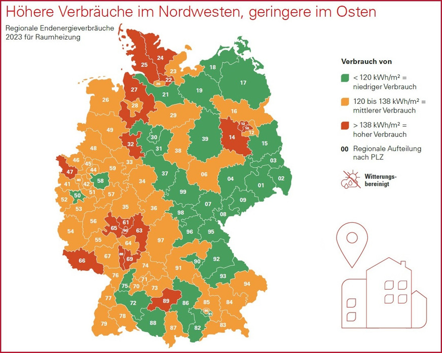Deutschlandkarte mit dem witterungsbereinigten Wärmeverbrauch für die Raumheizung im Jahr 2023.