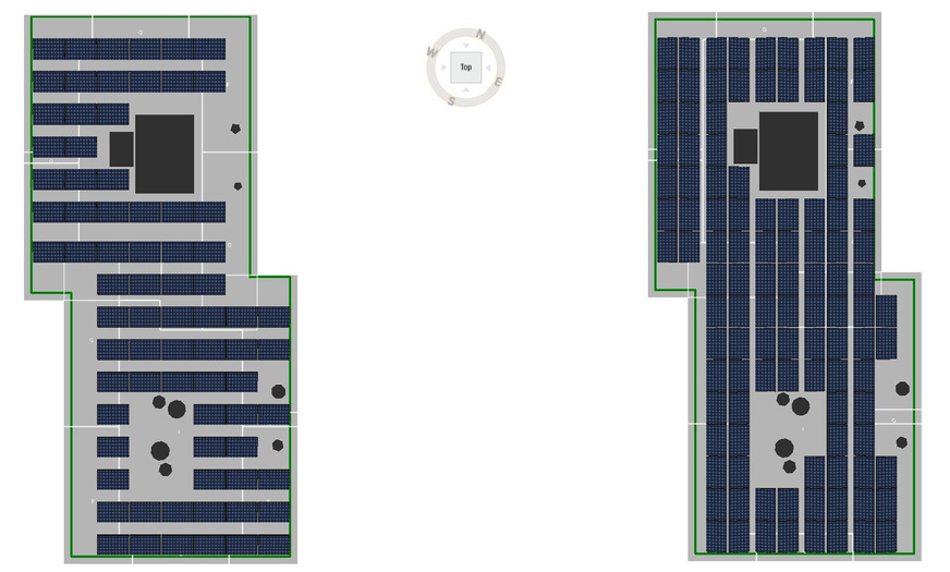 Bild 2 Photovoltaik-Belegung im Beispiel mit Süd-Aufständerung (links) und Ost-West-Aufständerung (rechts).