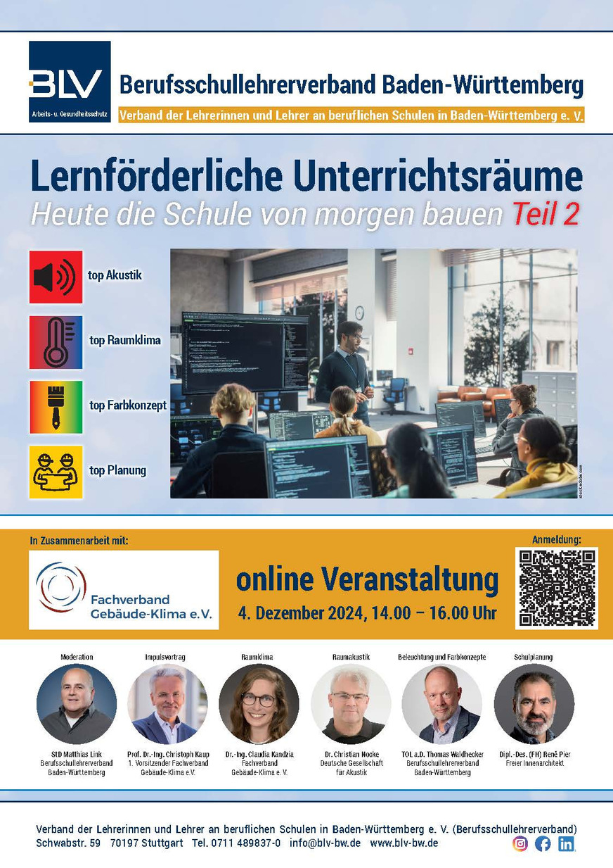 Themen der kostenfreien Online-Veranstaltung am 4. Dezember 2024 sind Raumklima, Raumakustik, Beleuchtung, Farbkonzepte und die Schulplanung.