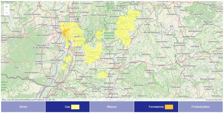 Grafik 1 Gas- und Fernwärme-Netzgebiete der MVV Netze GmbH, Stand 2024. Allerdings werden die Gas-Verteilnetze in 69245 Bammental, 74927 Eschelbronn, 69256 Mauer, 74909 Meckesheim, 74933 Neidenstein, 69257 Wiesenbach und Zuzenhausen werden ab dem 1. Januar 2025 an die Netze BW GmbH übertragen.