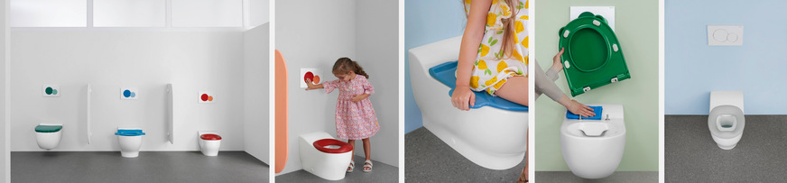 Bild 4 Für jede Altersstufe die passende WC-Höhe: Stand- und Wandkeramiken mit Sitzen und Betätigungsplatten in abgestimmten Farben. Funktionselemente wie die Betätigungsplatte sollten für Kinder ohne Mühe erreichbar sein. Praktische Accessoires wie Griffe am Deckel oder „Ohren“ am Sitz erleichtern die WC-Benutzung. Lassen sich Sitz und Deckel per QuickRelease abnehmen, ist das Kinder-WC einfacher zu reinigen. Für den leichten Umstieg vom Töpfchen aufs WC: weicher und angenehmer Sitzring für die Kleinsten.