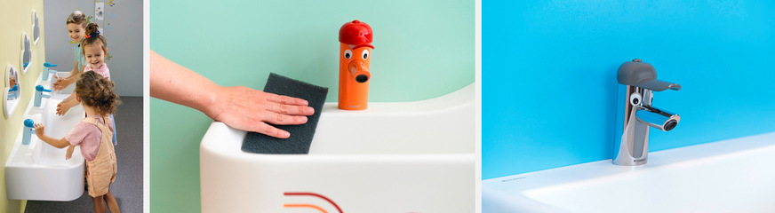 Bild 3 Mineralwerkstoffe sind ideal für Kinder-Waschlandschaften geeignet: sie sind robust, schlagfest und sehr reinigungsfreundlich. Zudem sind Waschtischoberflächen aus Mineralwerkstoff mit abgerundeten Kanten haptisch angenehm und warm.