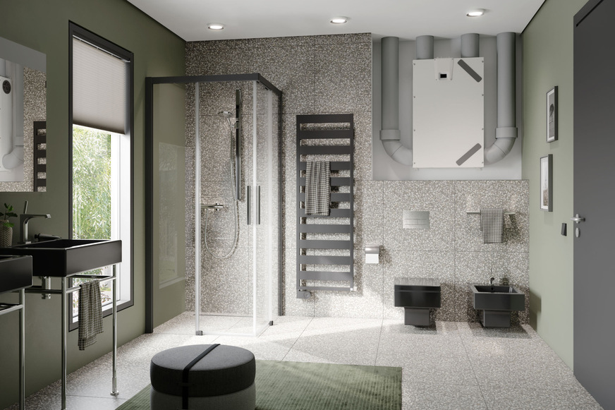 Das zentrale Kompaktlüftungsgerät x-well F150 mit weniger als 20 cm Tiefe eignet sich zur Integration in Vorwandinstallationen, abgehängte Decken oder Schränke.