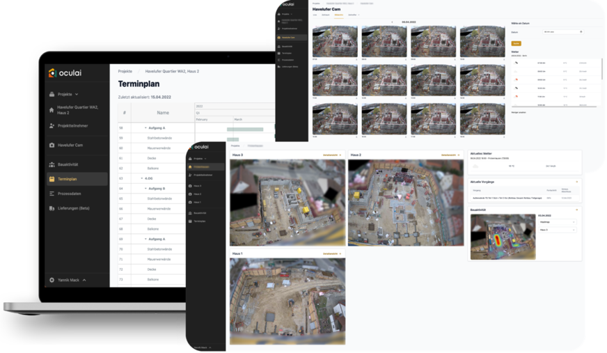 Bild 6 KI-Monitoringlösungen erfassen auf der Baustelle durchgeführte Arbeiten, gleichen Sie mit Bauzeitenplänen ab und generieren automatisiert Bautagesberichte.