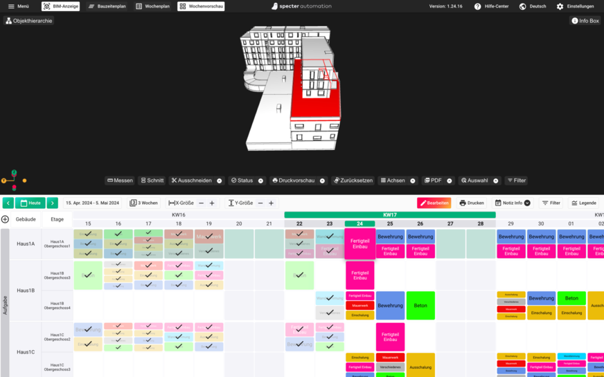 Bild 4 Im BIM-Modell hinterlegte ausführungsrelevante Informationen bilden die Grundlage für eine KI-Optimierung von Bauprozessen.