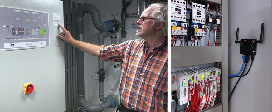 Bild 2 Planer Erwin Nolde im Technikraum. Zur Fernwartung überträgt ein Router die nötigen Daten der Wassertechnik an sein Büro und auf sein Mobiltelefon. So kann er die Anlage im Auftrag der Wohnungsgenossenschaft kontrollieren und bei Bedarf Parameter korrigieren. Die Anlagensteuerung kontrolliert sich selbst und meldet Unregelmäßigkeiten per E-Mail oder Teams an die verantwortliche Person.