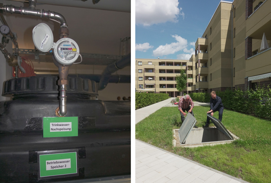 Bild 3 Im Betriebswasserspeicher wird das gereinigte und durch UV-Licht desinfizierte Grauwasser zur Verwendung für die Toilettenspülung gelagert. Ist gelegentlich der Bedarf größer als der Ertrag, wird automatisch Trinkwasser zugeführt. Der unterirdische Regenspeicher liegt im begrünten Innenhof und fasst 100 m3. Ist er voll, werden weiter zufließende Niederschläge und Betriebswasserüberläufe automatisch, zur Versickerung in einer Mulde, an die Oberfläche gepumpt.