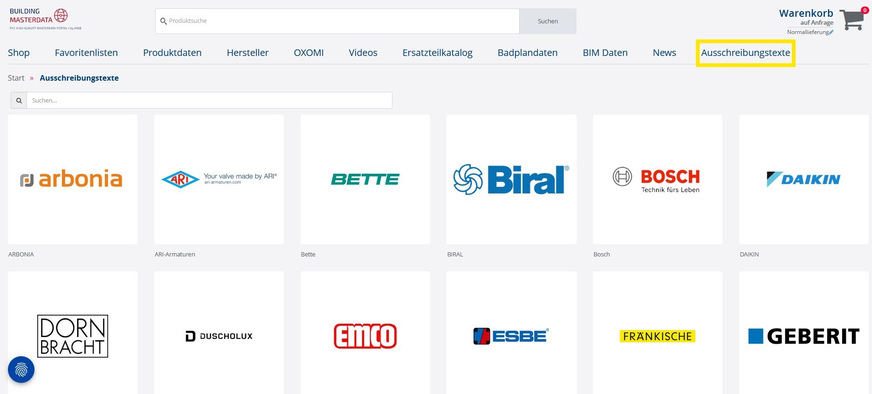 Über die Navigation gelangen die User von building-masterdata.com jetzt zu den Ausschreibungstexten der Markenhersteller.