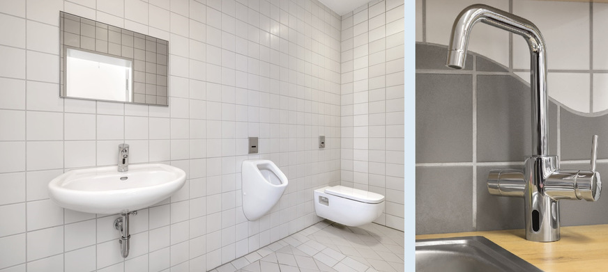 Bild 5  Bestmögliche hygienische Bedingungen an jeder Entnahmestelle: Alle elektronischen Waschtisch-, Dusch- und WC-Armaturen lassen sich kontaktlos bedienen und wurden mit SWS vernetzt. Die hybride Küchenarmatur Grandis E ermöglicht auch in der Küche im Dienstaufsichtsbereich eine hygienische Betätigung.