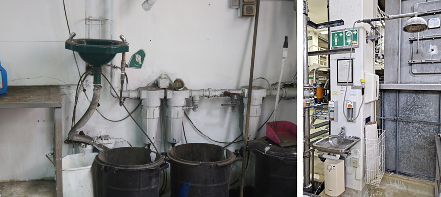 Bild 7 Notduschen müssen sauber und zugänglich sein und dürfen nicht durch Lagergut verstellt werden. Kontaminiertes Wasser aus stagnierenden oder verunreinigten Entnahmestellen kann zu erheblichen Verletzungsfolgen führen.