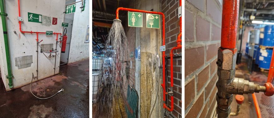 Bild 5 Sind flexible Schlauchleitungen mit Handbrausen zu lang bemessen, kann es zu erheblichen Verunreinigungen kommen. Körpernotduschen sollen alle Körperzonen sofort mit ausreichenden Wassermengen überfluten können, hierfür sind mindestens 30 l/min für mindestens 15 Minuten erforderlich. Teils geschlossene Kugelhähne sind nicht geeignet, spontane Druckschwankungen regulieren zu können.