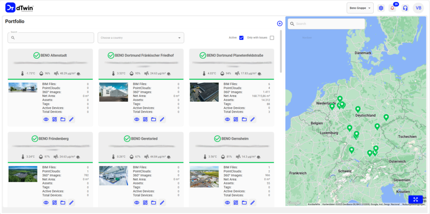 BENO kann alle digitalen Zwillinge seiner Liegenschaften in ganz Deutschland standortunabhängig Remote über die Cloud aufrufen und nutzen.