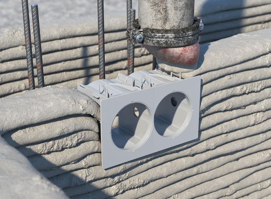 Bild 12 3D-Betondruck beeinflusst Bauprodukt-Entwicklung: Eigens entwickelte rechteckige Einbaugehäuse für Hohlwanddosen vereinfachen 3D-Druckprozesse.