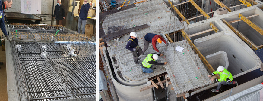 Bild 11 Heiz-/Kühlregister werden für die Klimadecke im Fertigteilwerk in die Betonfertigteilplatte zwischen den Gitterträgern montiert. Auf der Baustelle werden die Elemente verbunden, angeschlossen und mit einer Ortbetonschicht versehen.