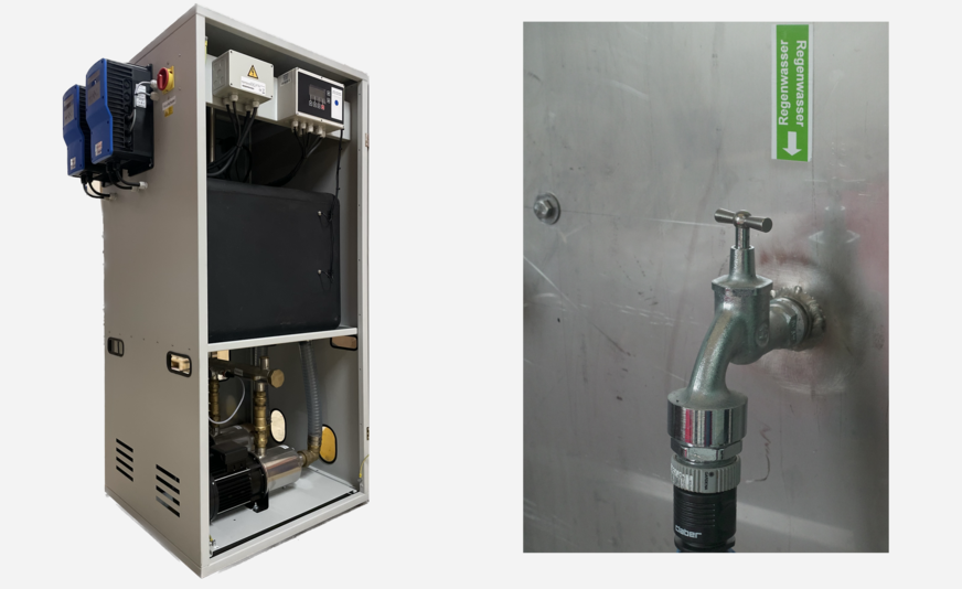 Bild 6 Regenwassercenter Tano XL für die Regenwassernutzung in Gewerbe und Industrie. Es enthält zwei Pumpen zur Druckerhöhung, einen Frequenzumrichter, ein System zur Trinkwassernachspeisung mit Zwischenbehälter, eine LCD-Anzeige und weitere vormontierte Einzelteile. Rechts: Kennzeichnung einer Entnahmestelle nach Vorgaben der DIN EN 16941-1, um Verwechslungen mit Trinkwasser durch die Nutzer zu verhindern. Dieses Ventil ist an einem großen Waschbecken installiert, das zur Reinigung von Bauteilen in der Produktionshalle dient.