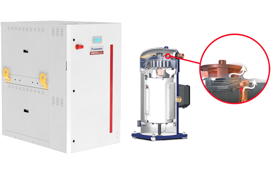 Mitsubishi Electric: Wasser/Wasser-Wärmepumpe NX2-W-G06-H und Scroll-Verdichter mit IDV-Mitteldruckventil.