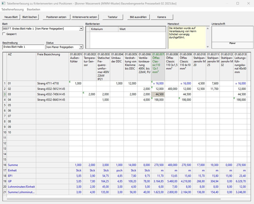 Bild 4 Abrechnung Elektroarbeiten als Tabellenerfassung in MWM-Libero.