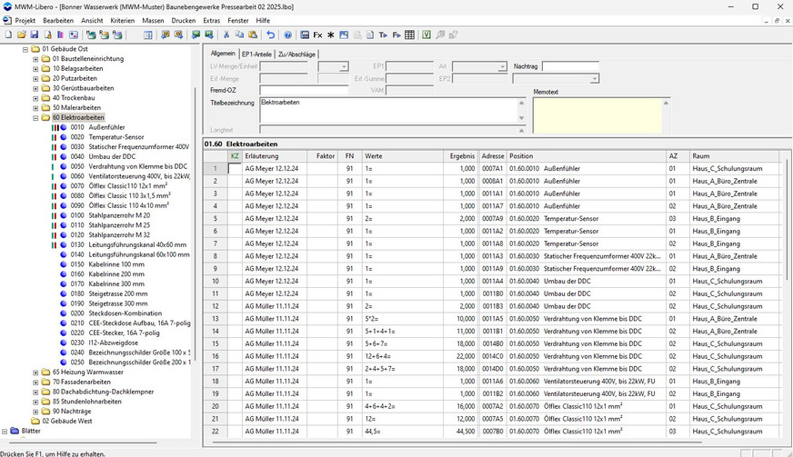 Bild 3 Abrechnung Elektroarbeiten positionsweise in MWM-Libero.