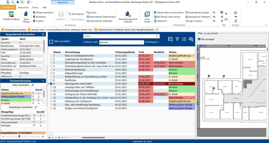 Weise Software: Das für Bautagebuch 2025 optionale Modul Mängelmanagement erfasst, verwaltet und verortet Mängel und Unregelmäßigkeiten.