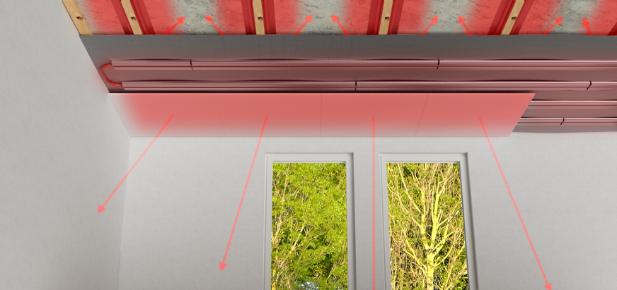 Akustisch wirksame Klimadecke.