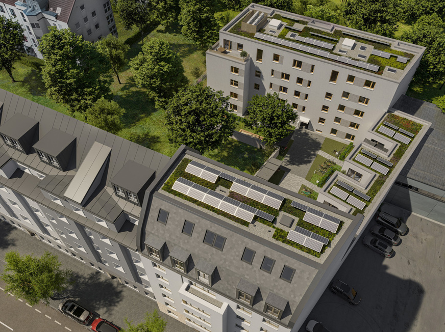 Rundum-Energiewende in der Neusser Straße in Köln-Nippes. Visualisierung aus der Vogelperspektive.