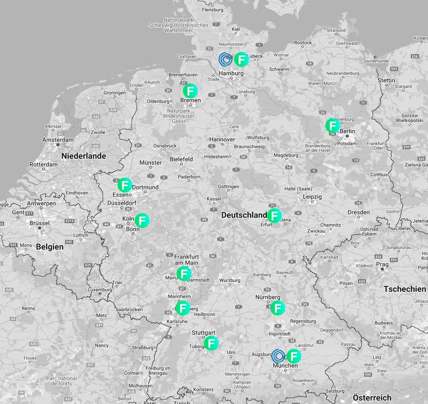 Mit 11 Standorten von Hamburg bis München und von Köln bis Weimar bietet Felderer bundesweit Zugang zu hochwertigen Lüftungsprodukten.