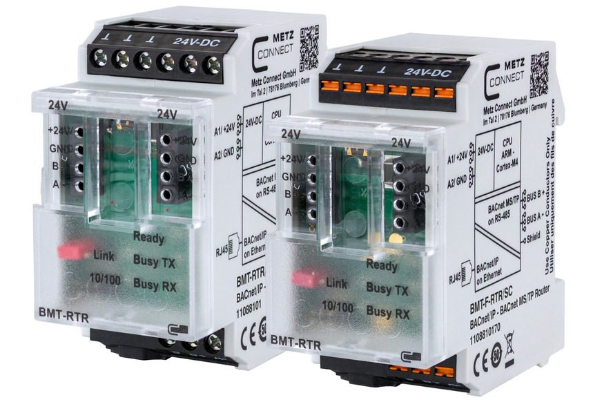 Bild 2 BACnet/SC-Router von Metz Connect mit Schraubklemmen (links) und mit Federklemmanschluss.