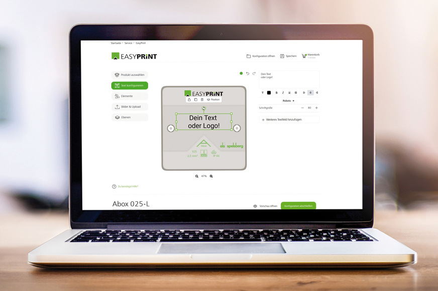 Spelsberg: Online-Service zum Bedrucken von Abzweigkästen.