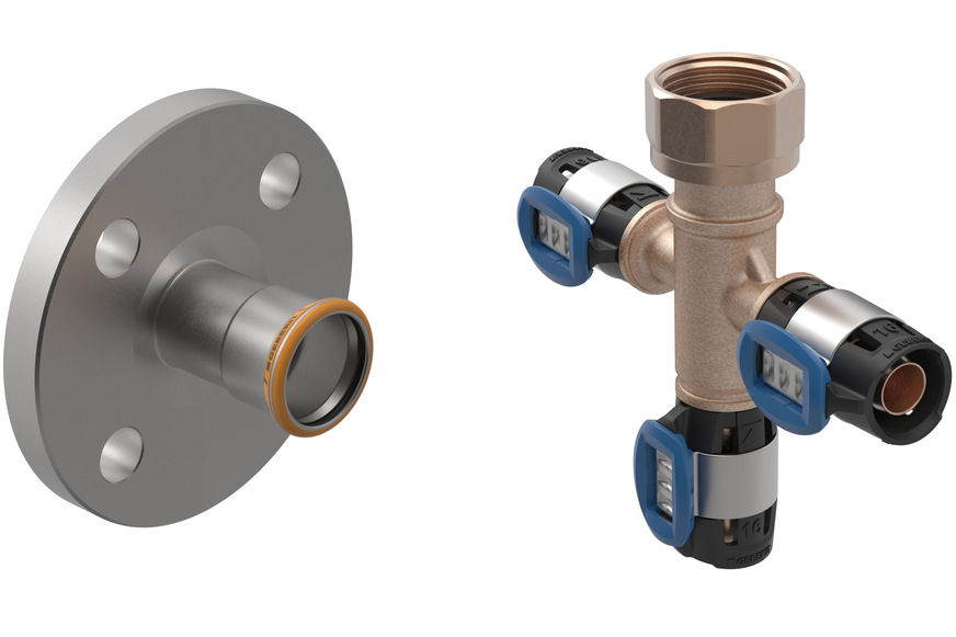 Geberit: Mapres-Therm-Flansch und FlowFit-Verteilerspinne.