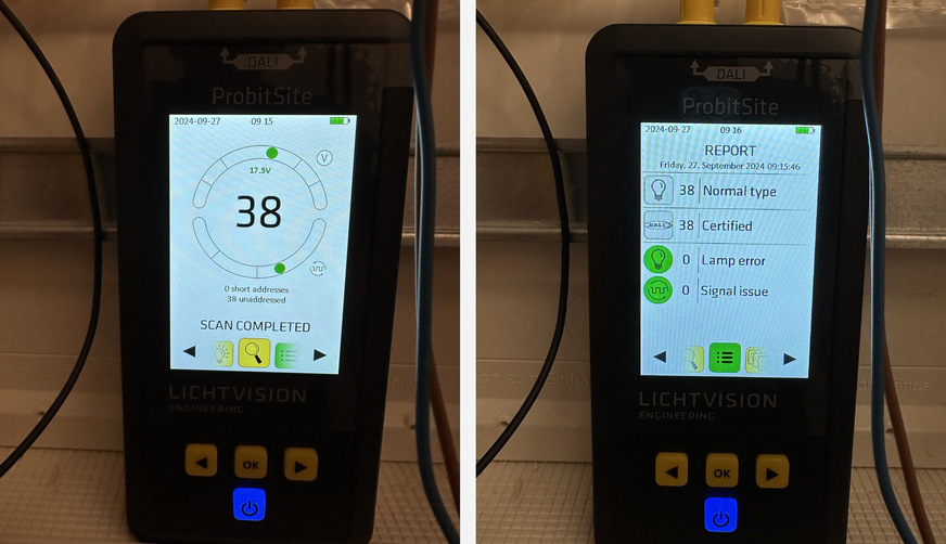 Bild 3 Nach dem Anschluss an den DALI-Bus lassen sich am ProbitSite über zwei Halbkreise die Spannung sowie die Signalqualität auf einen Blick ablesen. Nach Abschluss des Scans zeigt der Report den Zustand der Leuchten, Taster und Sensoren und ihre DALI-Zertifizierung.