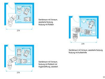 Grundrissvorschläge für ein Individualbad in Pflegeeinrichtungen aus dem&nbsp;&nbsp;Leitfaden „Planung und Umsetzung von baulichen Anforderungen für pflegerische Versorgungsformen“.