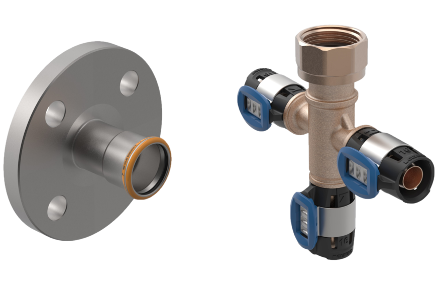 Geberit: Mapres-Therm-Flansch und FlowFit-Verteilerspinne.
