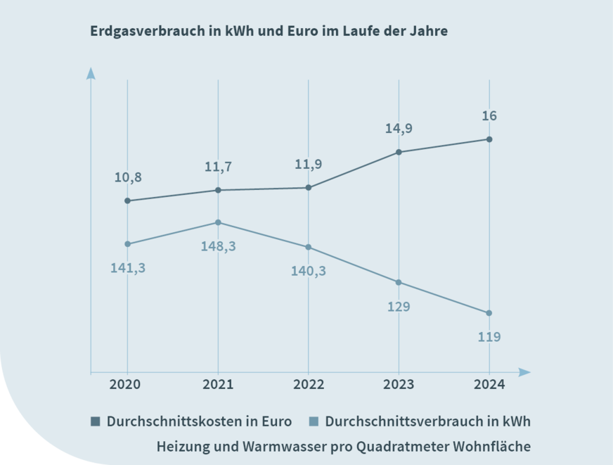 Durchschnittlicher Verbrauch und Kosten bei Erdgas als Heizmedium in den vergangenen 5 Jahren.